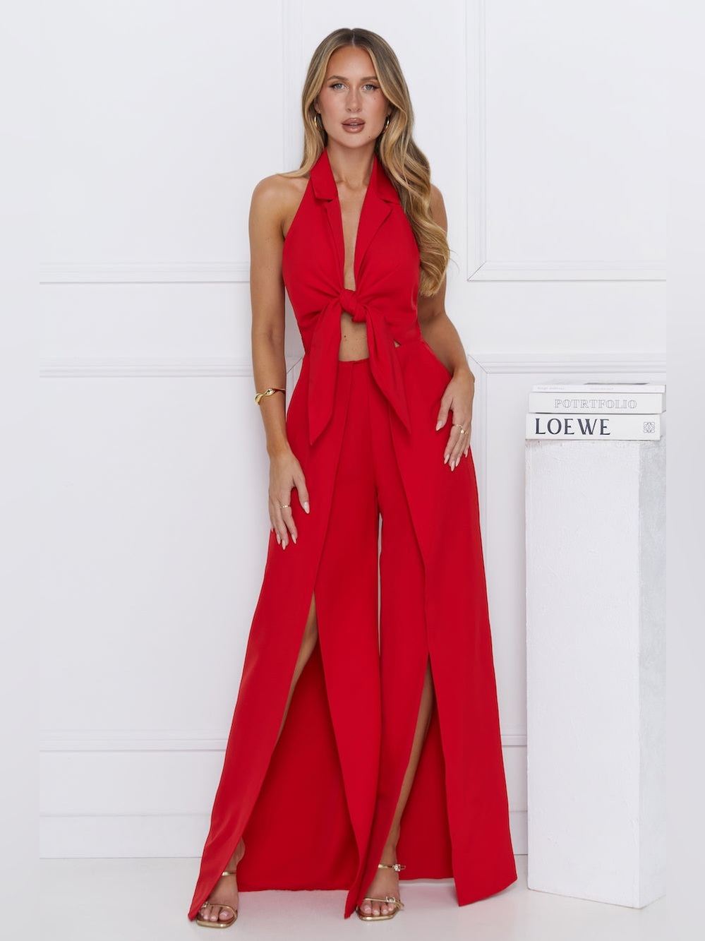 Hello Molly Tie-Front Red Halter Jumpsuit size L, US 8